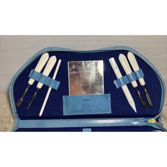 Blue Leatherette Manicure & Grooming Kit With Tools Mirror & Comb In Zippered Ca - Picture 3 of 7